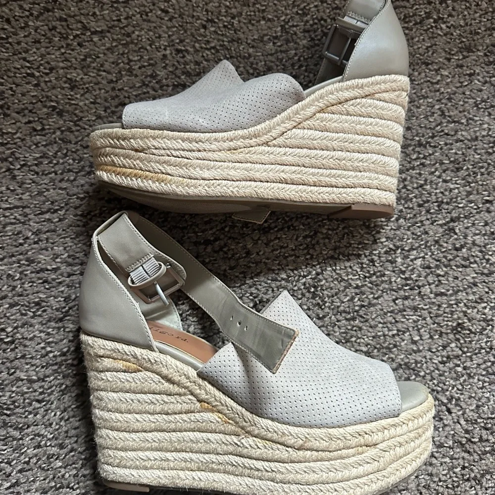 Indigo Cream Open-Peep Wedge Sandals with Ankle Strap